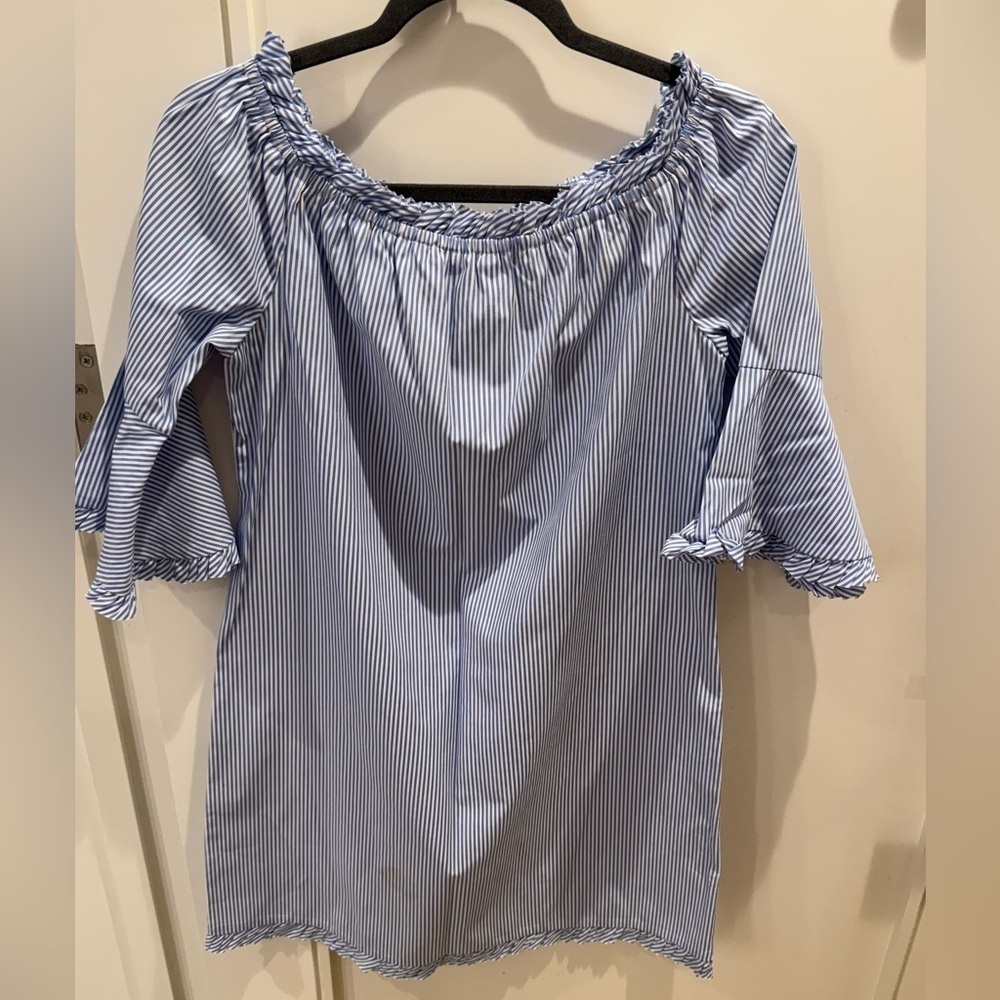 NWOT Westport 1962 Womens Blue White Dress Striped Ruffles Off The Shoulder 4